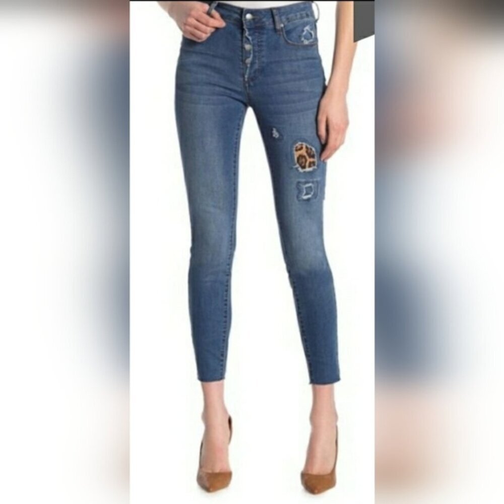 Tahari Evelyn Leopard Patchwork Distressed Cuffed Button Fly Skinny Jeans 28